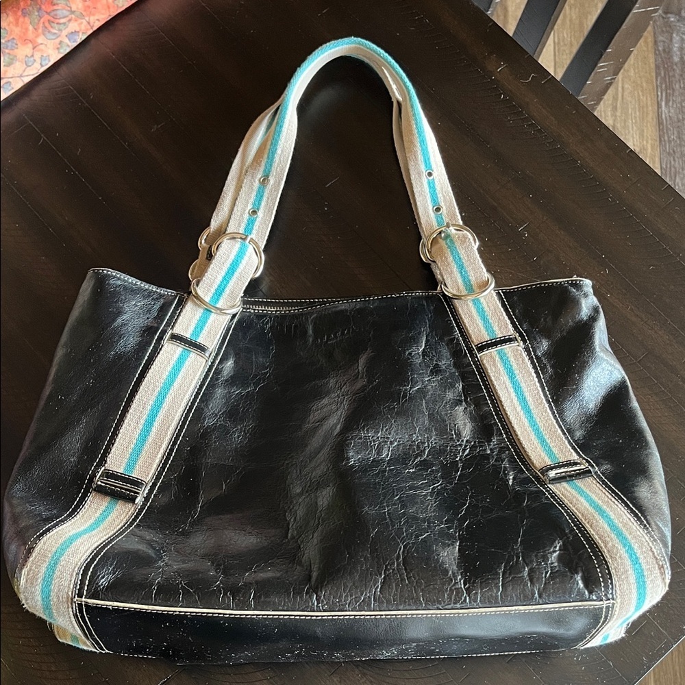 Reaction Kenneth Cole Black Leather Shoulder Bag with Striped Straps